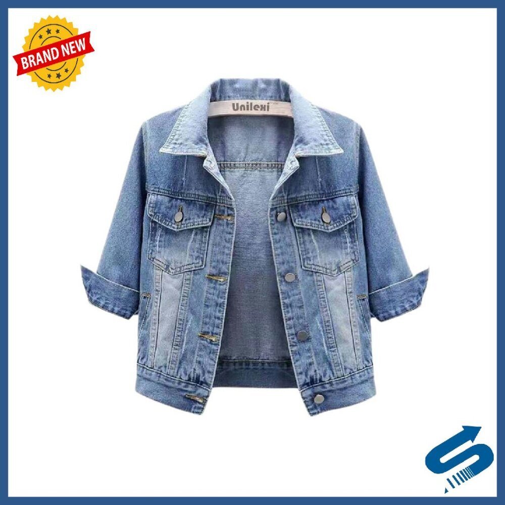Women's Cropped Denim Jacket 3/4 Sleeve Button Closure Lightweight